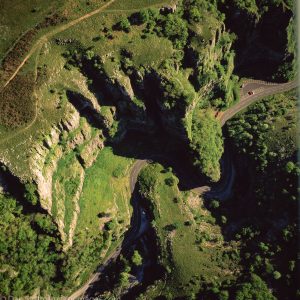 Cheddar Gorge, a limestone gorge in the Mendip Hills, Cheddar, Somerset, England.  Britain's oldest complete human skeleton, Cheddar Man, found here